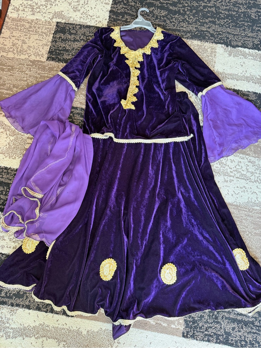 Women’s velvet purple and gold skirt & top princess costume with flare sleeves